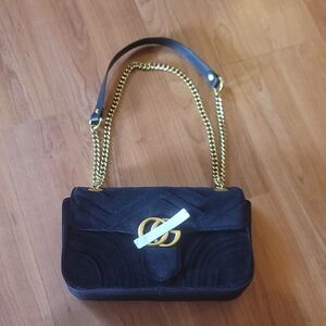 Black Velvet Chain-Handle Shoulder Bag with Gold Hardware